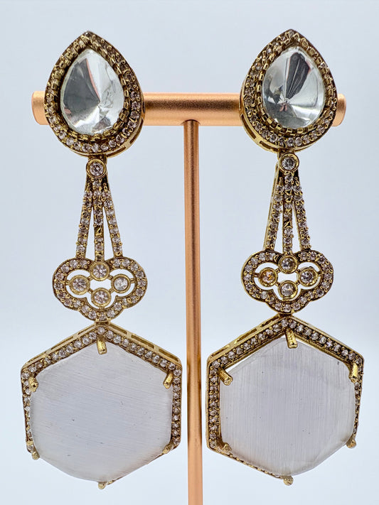 Pair of white and gold and crystal earrings available at Nishaani.ca – Indian jewelry in Canada