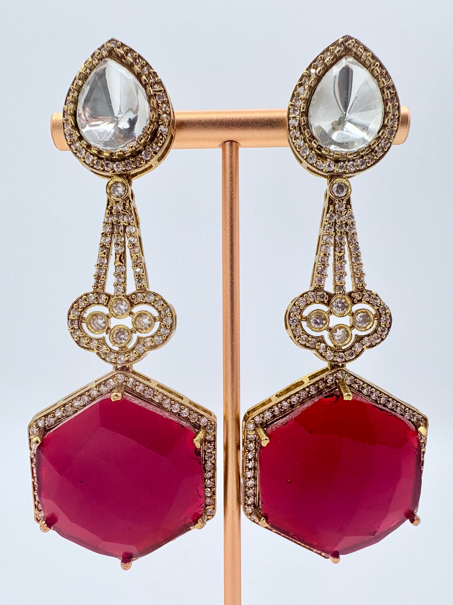 Pair of white and gold and crystal earrings available at Nishaani.ca – Indian jewelry in Canada