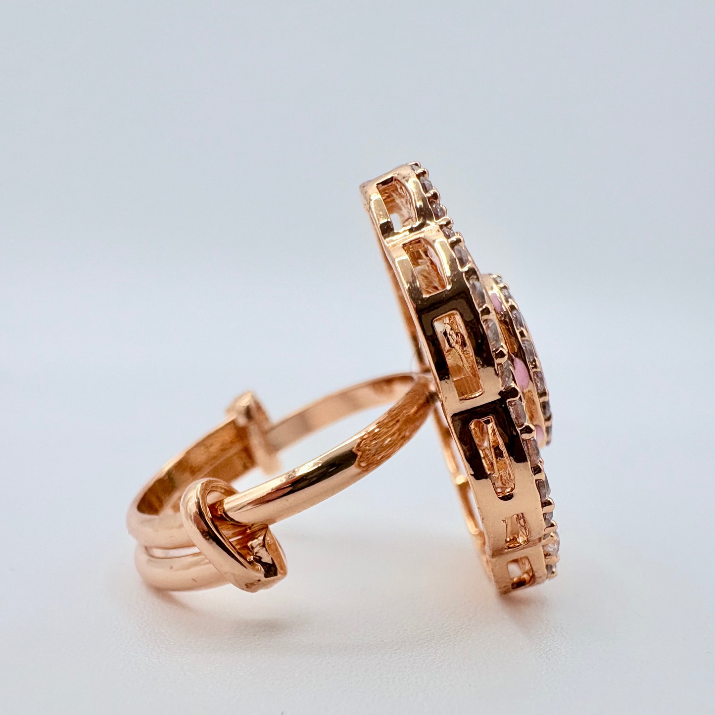 Rose gold ring with intricate design available at Nishaani.ca – Indian jewelry in Canada
