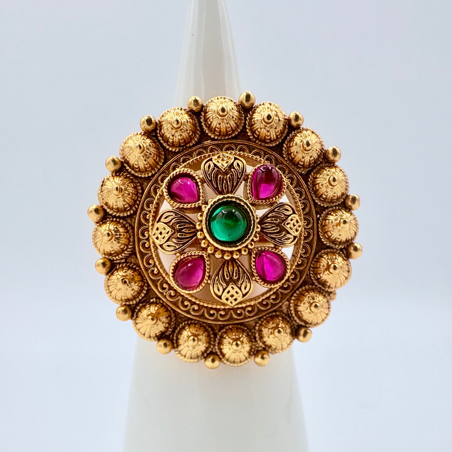 Decorative gold ring with colored stones available at Nishaani.ca – Indian jewelry in Canada