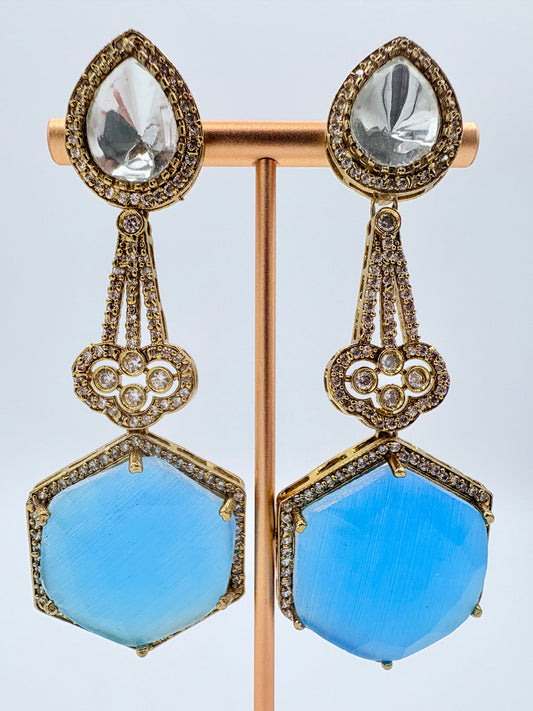 Light blue earrings with gold accents available at Nishaani.ca – Indian jewelry in Canada