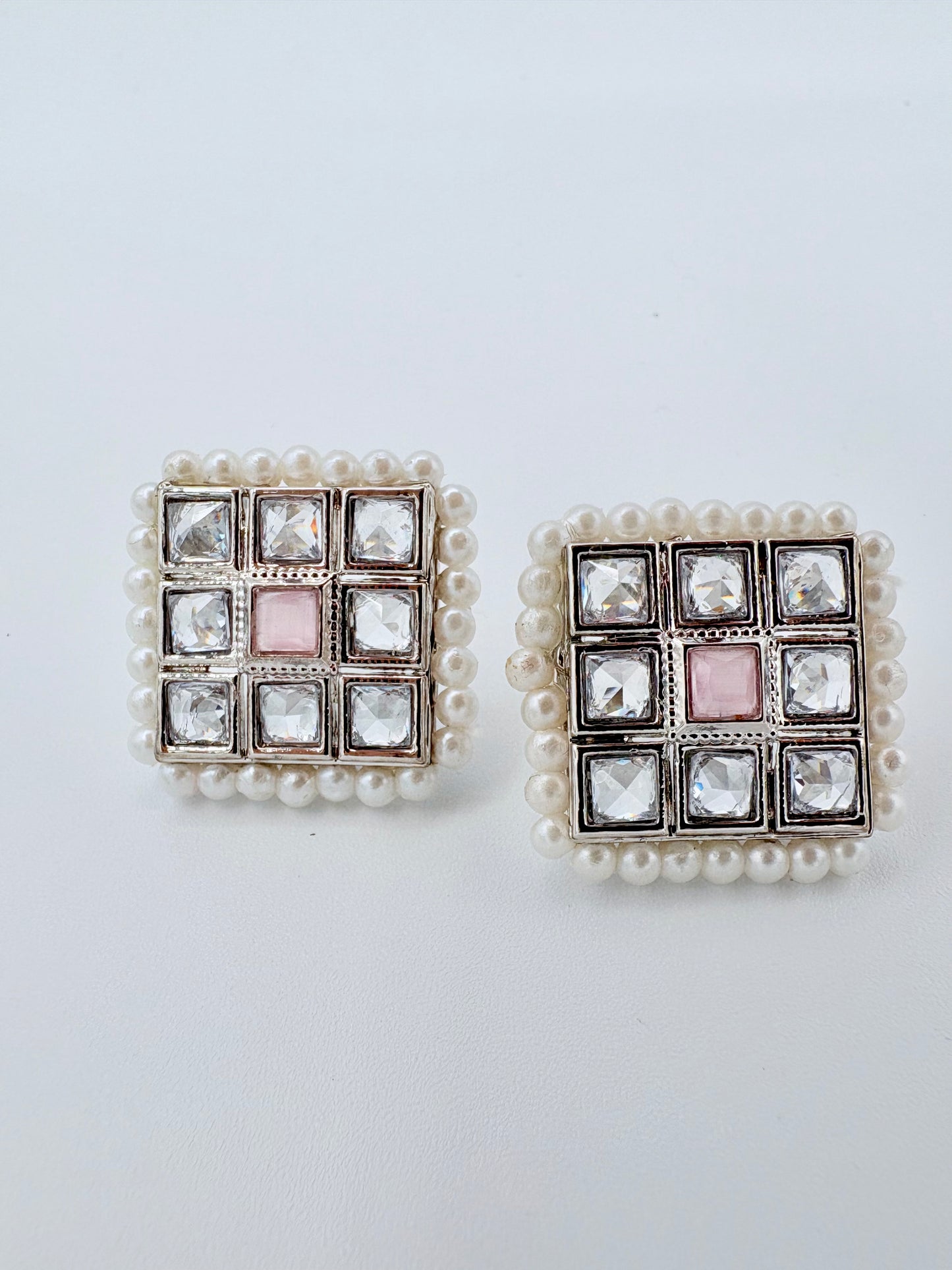 Pair of square earrings with pearl and gemstone design available at Nishaani.ca – Indian jewelry in Canada