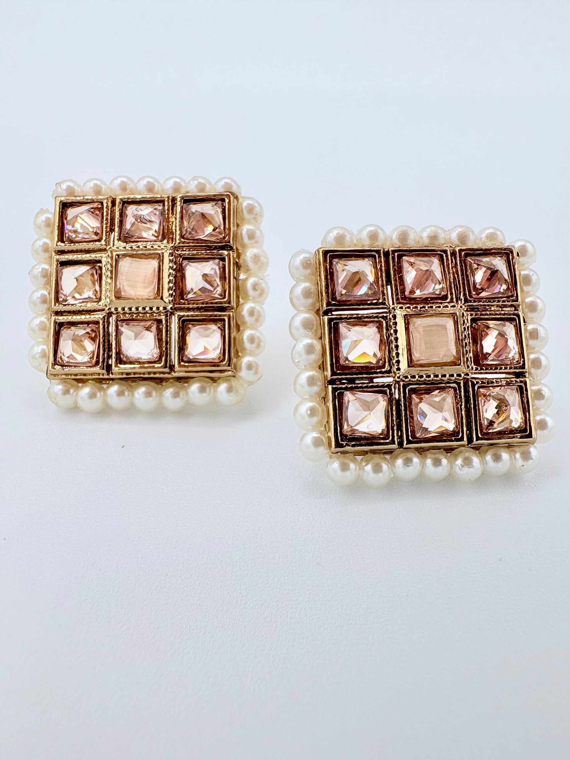 Pair of square earrings with pearl and gemstone design available at Nishaani.ca – Indian jewelry in Canada