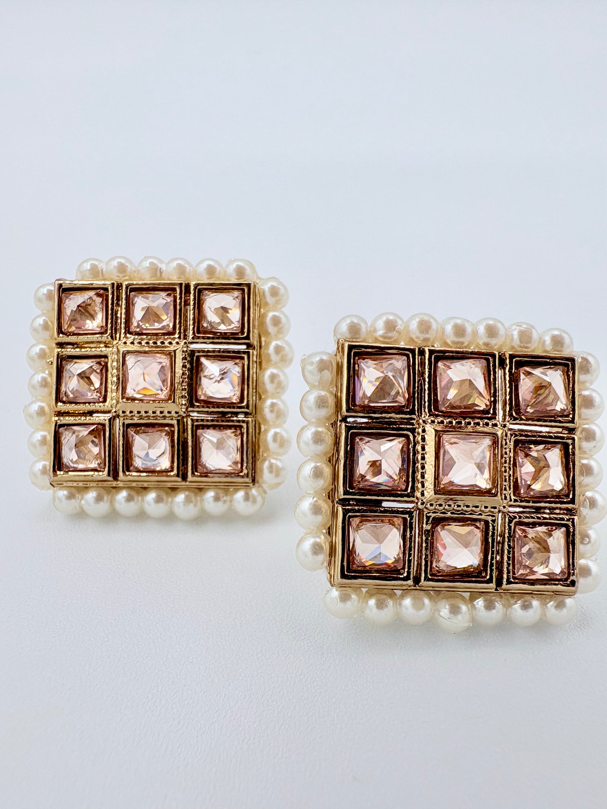 Pair of earrings with square design and pearl accents available at Nishaani.ca – Indian jewelry in Canada
