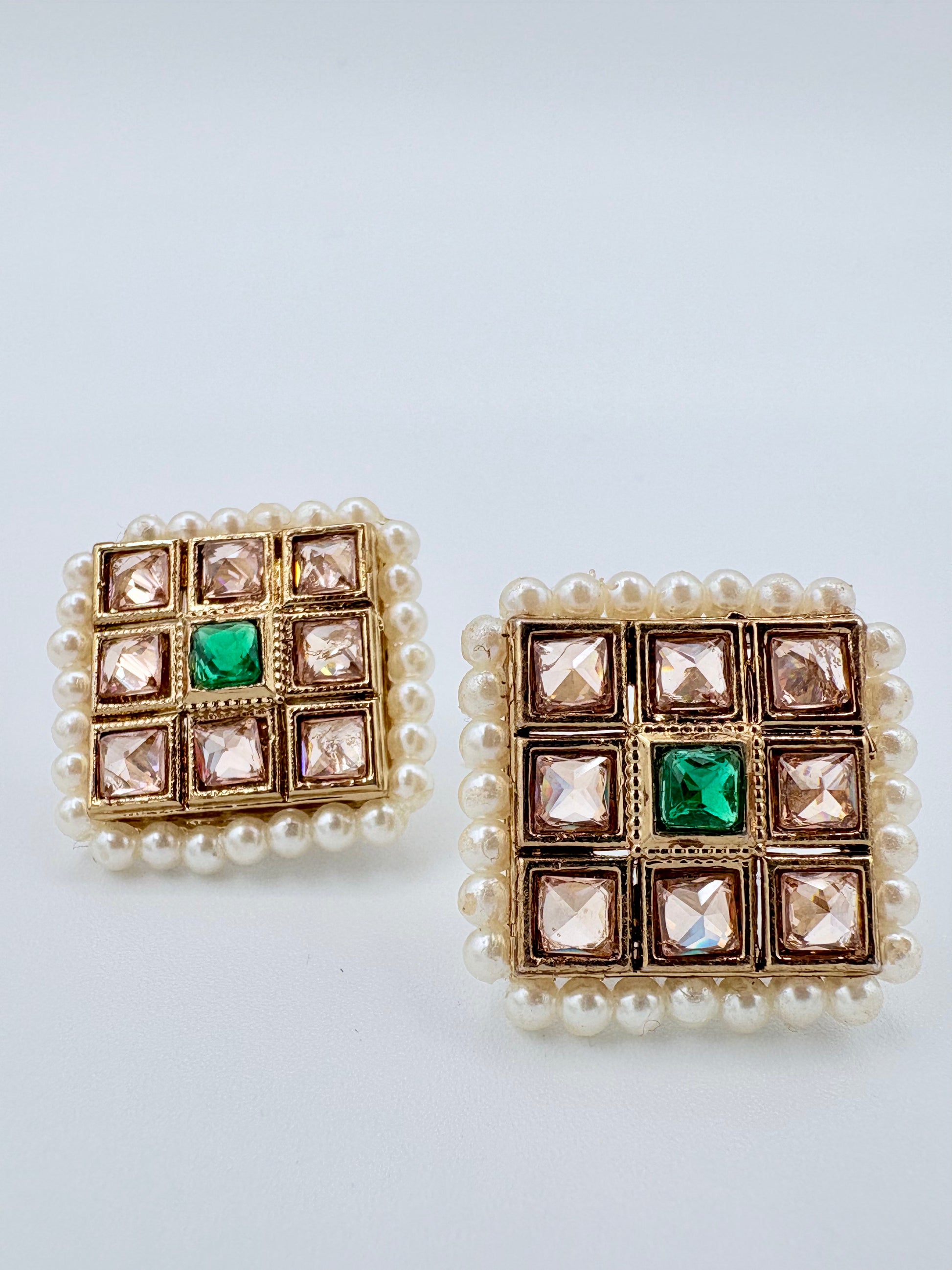Pair of square earrings with gemstones and pearls available at Nishaani.ca – Indian jewelry in Canada