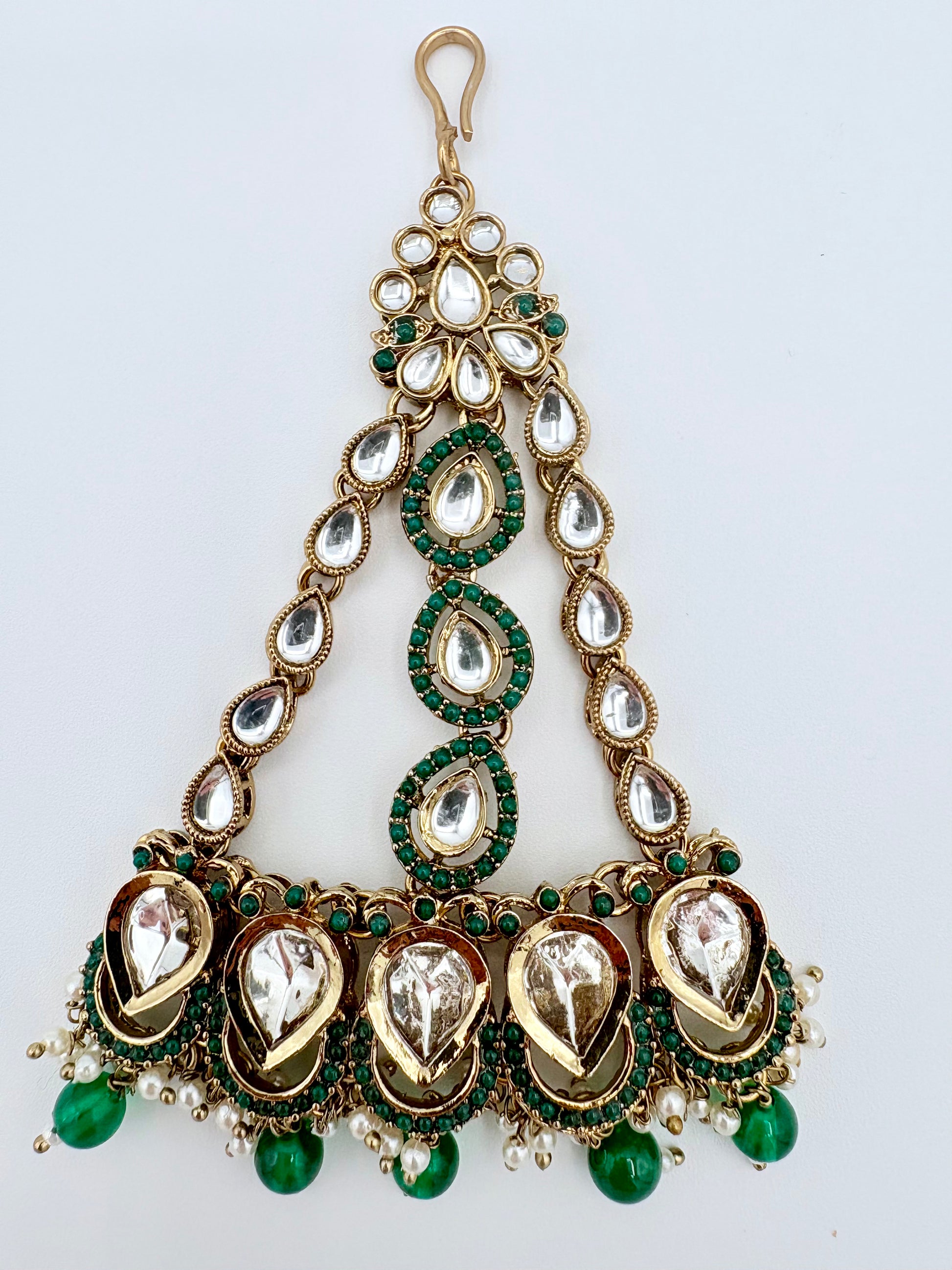 Passa a hair piece gold, green, and pearl pendant available at Nishaani.ca – Indian jewelry in Canada