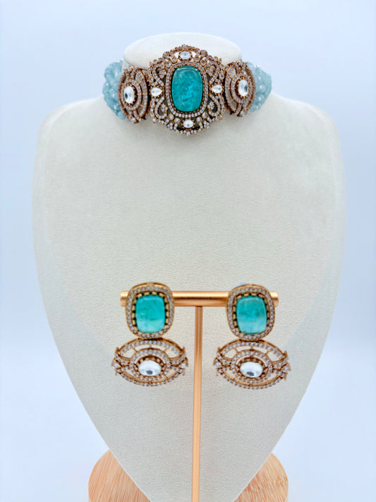 Choker necklace set including earrings on a mannequin available at Nishaani.ca – Indian jewelry in Canada