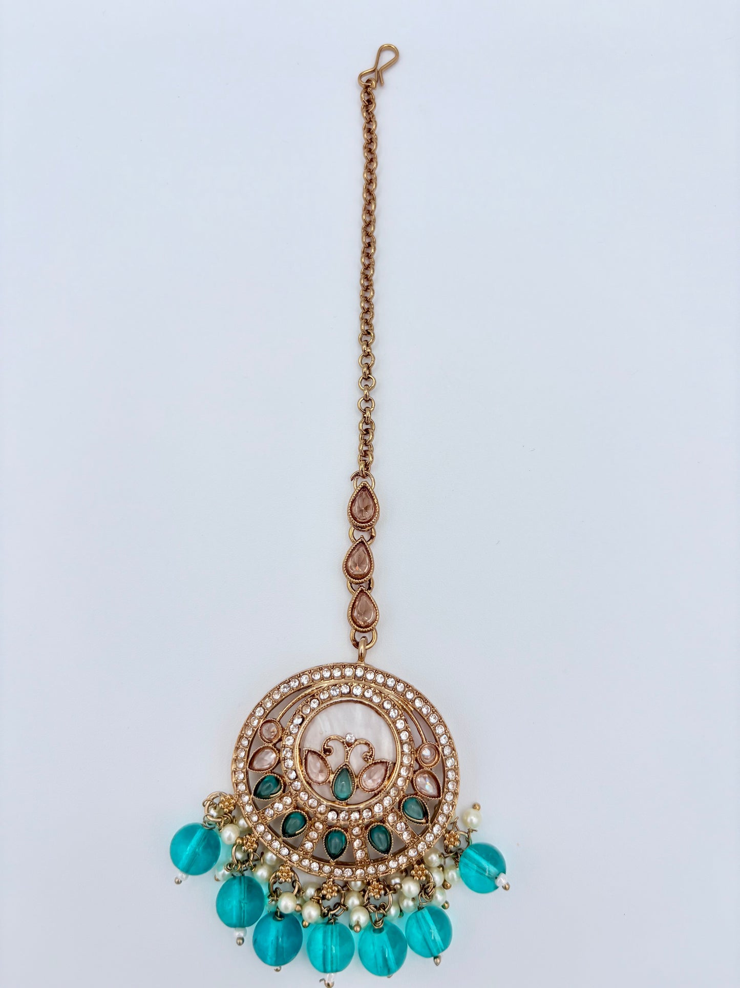 Tikka with turquoise beads and gold chain available at Nishaani.ca – Indian jewelry in Canada