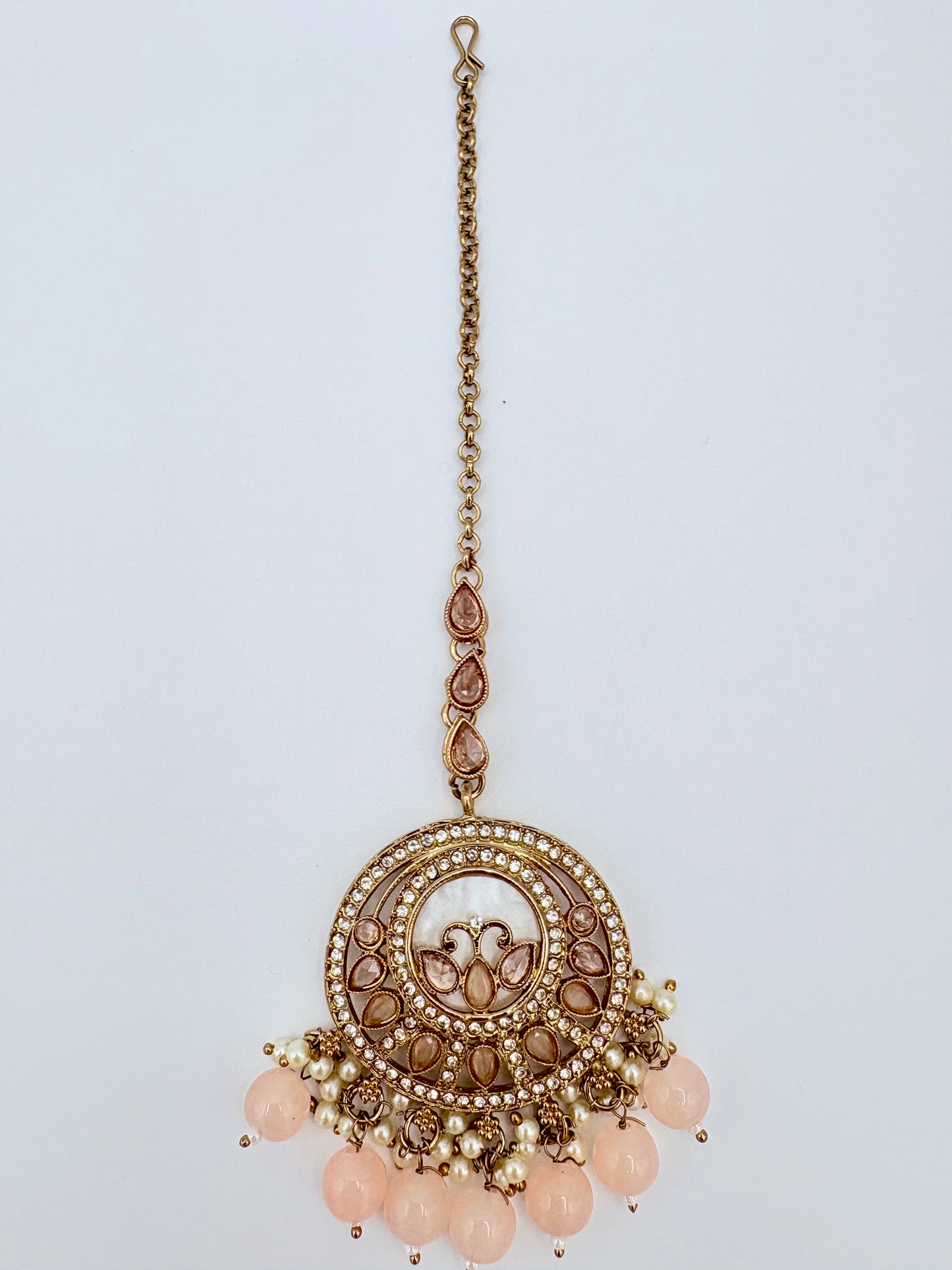 Tikka with pink beads and gold chain available at Nishaani.ca – Indian jewelry in Canada