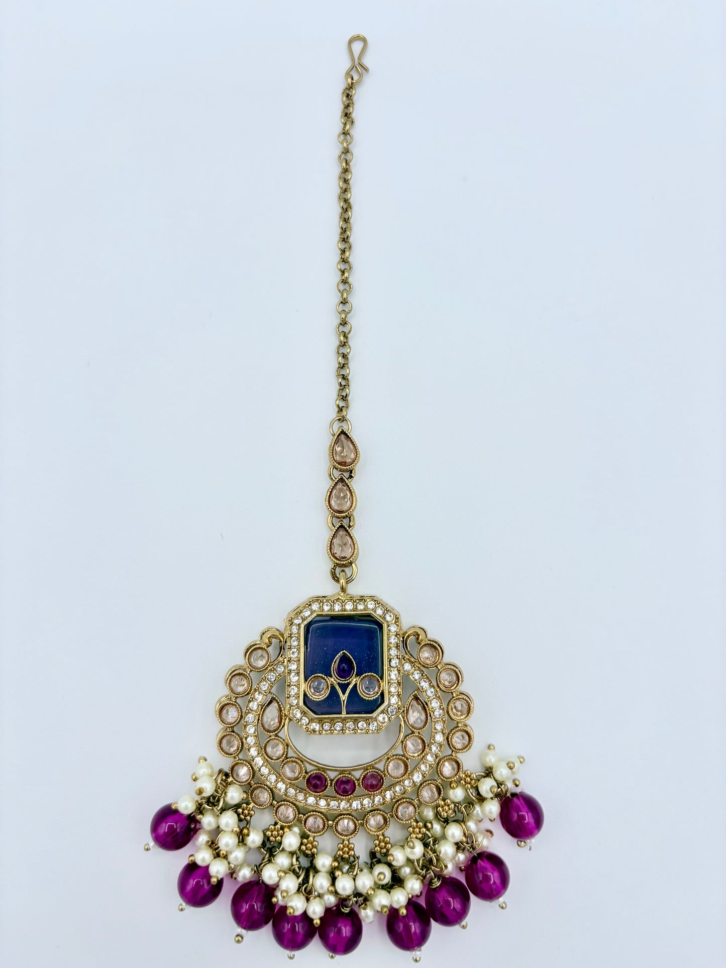 Tikka with blue center, gold accents, and purple beads available at Nishaani.ca – Indian jewelry in Canada