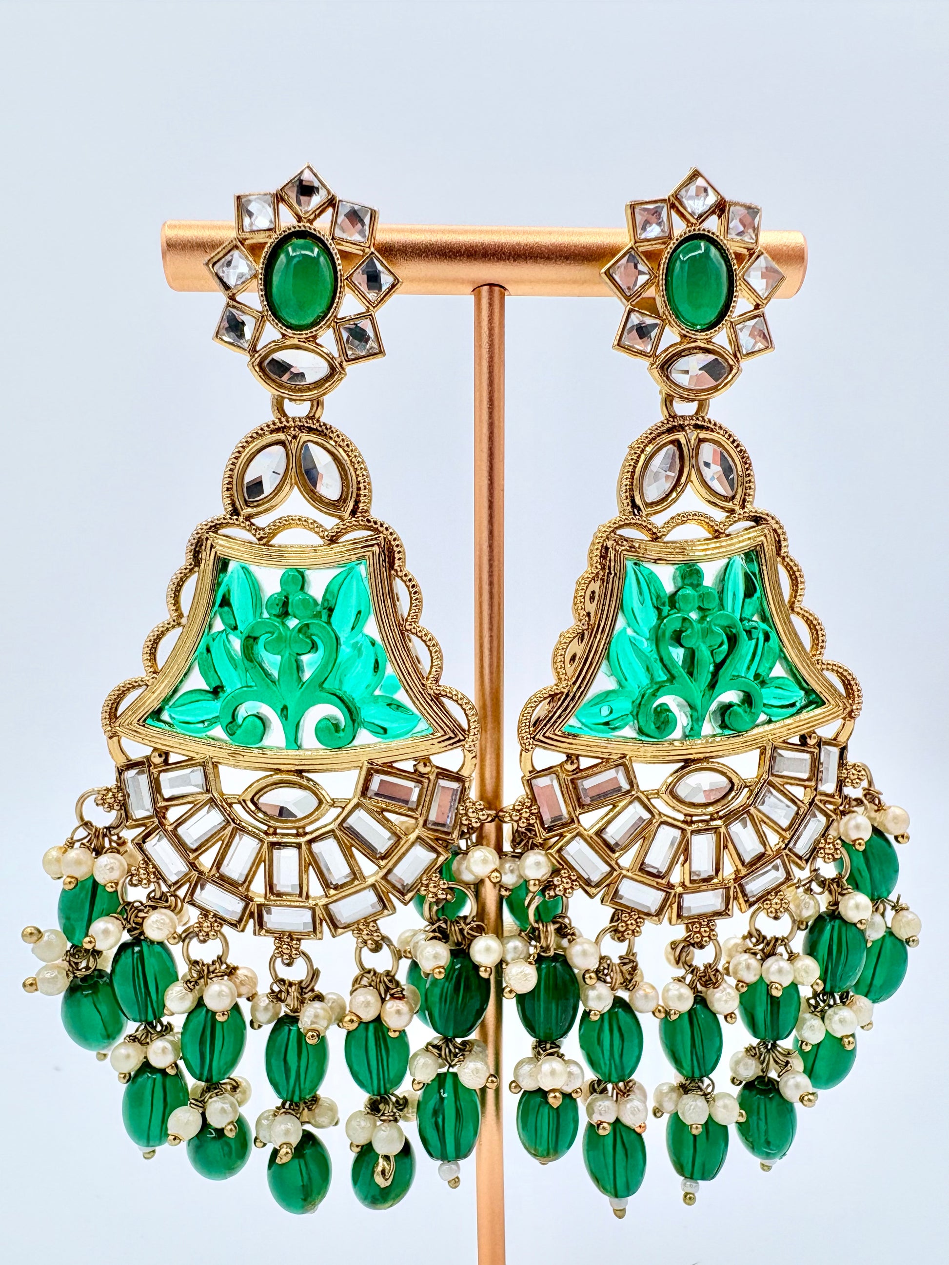 Ornate green and gold earrings available at Nishaani.ca – Indian jewelry in Canada