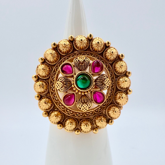 Decorative gold ring with colored stones available at Nishaani.ca – Indian jewelry in Canada