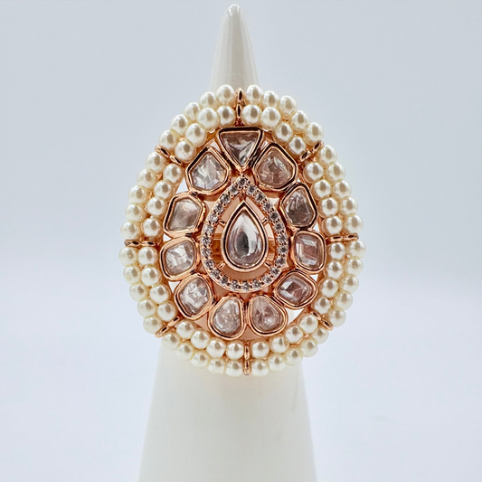 Ornate ring with pearls and rose gold accents available at Nishaani.ca – Indian jewelry in Canada