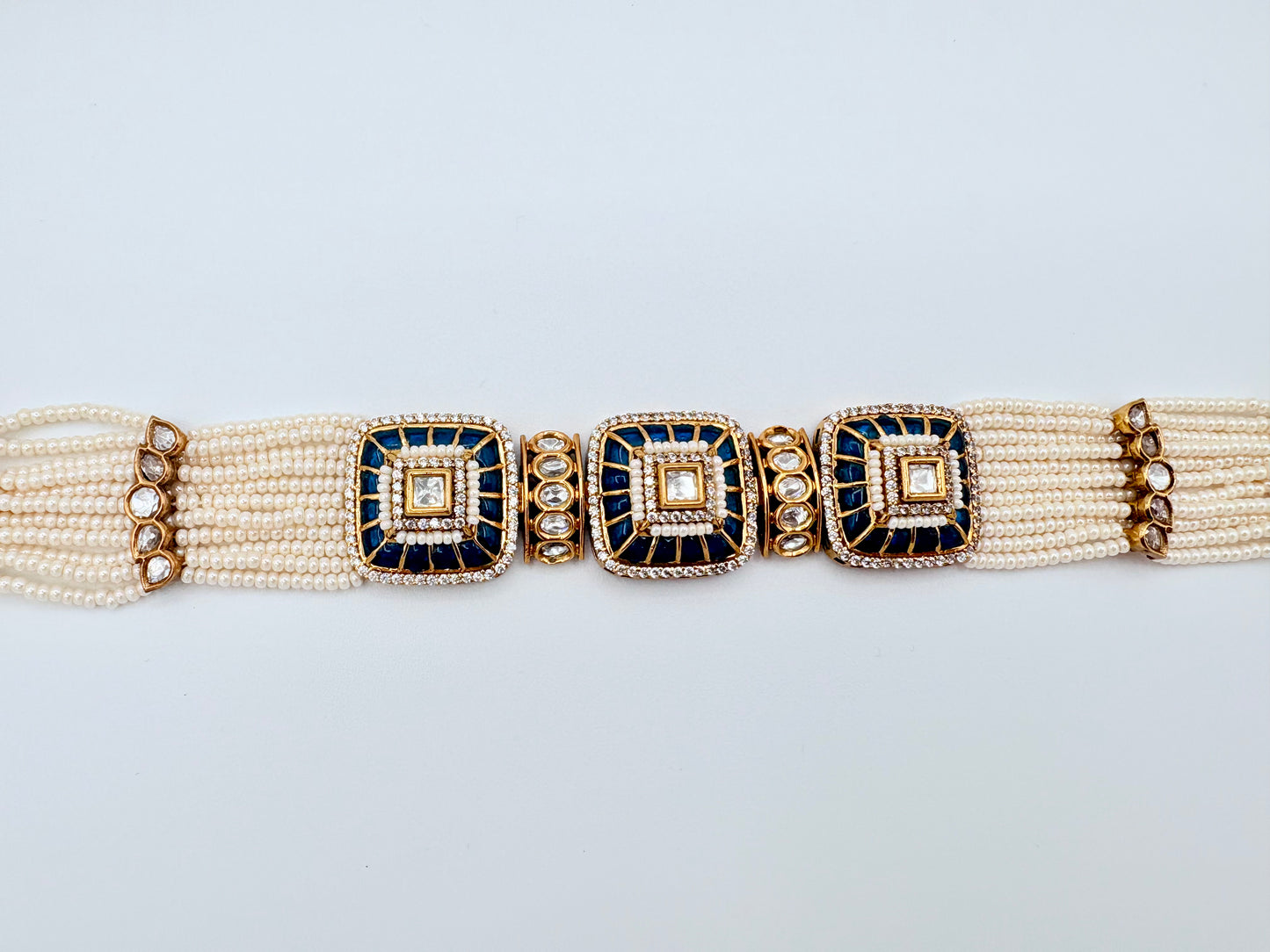 Choker necklace with pearl-like beads and gold and blue square designs available at Nishaani.ca – Indian jewelry in Canada