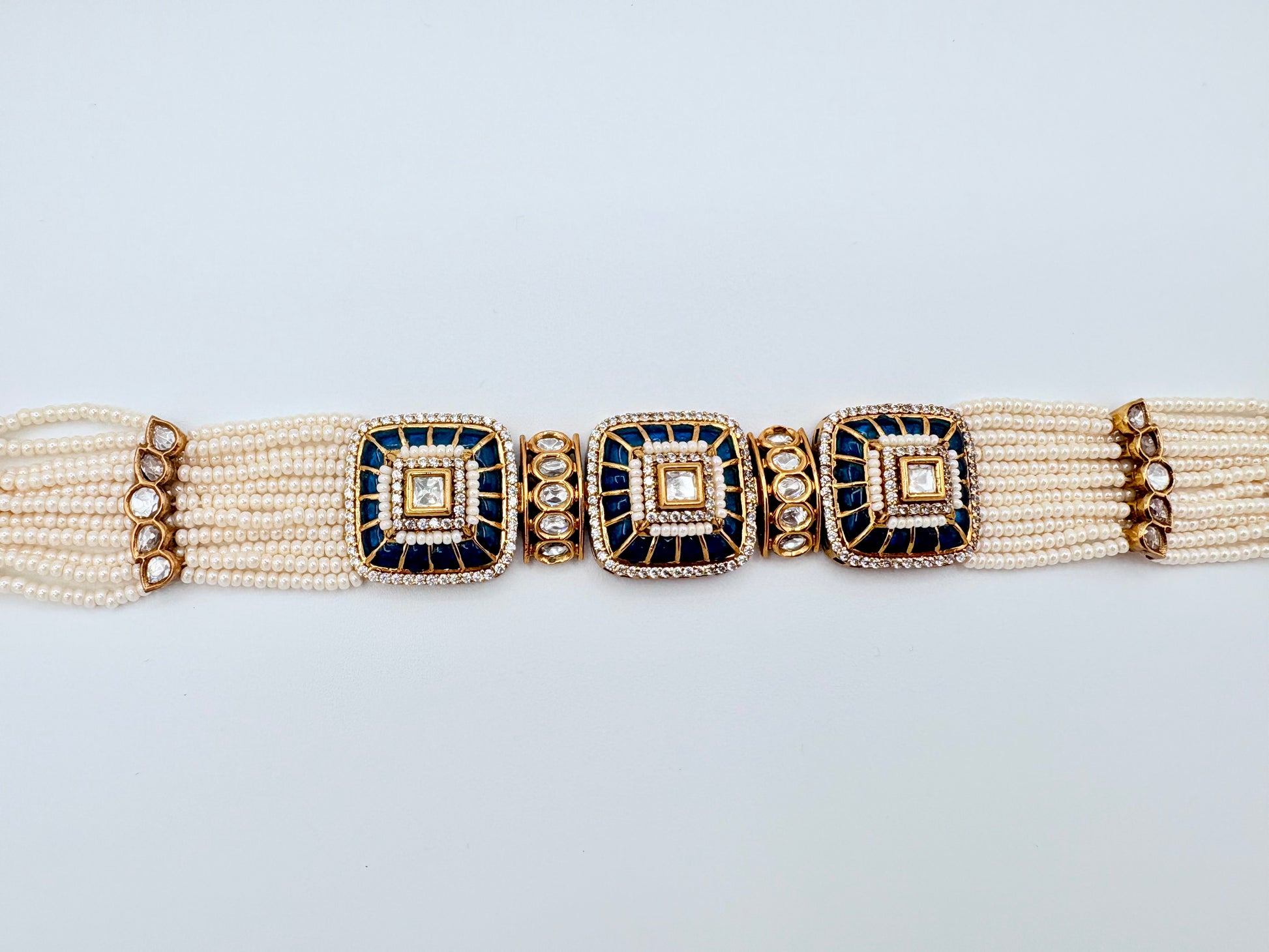 Choker necklace with pearl-like beads and gold and blue square designs available at Nishaani.ca – Indian jewelry in Canada