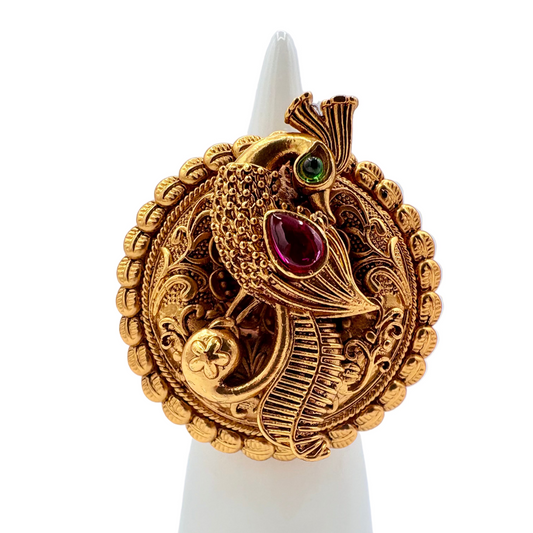 Decorative gold morni (peacock) with green gemstones as eye and red gemstone as a wing available at Nishaani.ca – Indian jewelry in Canada