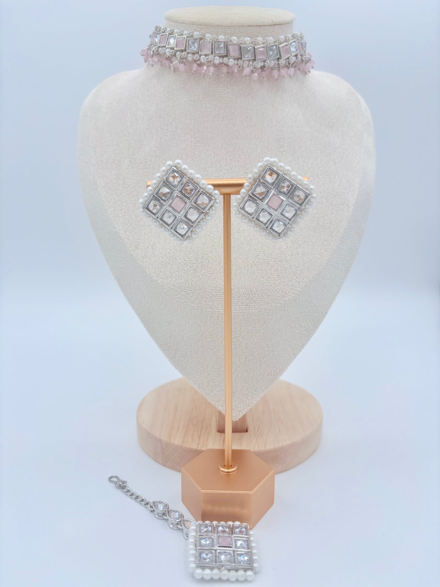 Choker set with Pair of square-shaped earrings with and matching tikka available at Nishaani.ca – Indian jewelry in Canada
